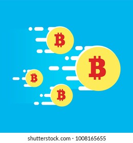 The fly forward of the cryptocurrency. Bright illustration in a flat style. Vector illustration of bitcoin digital cryptocurrency