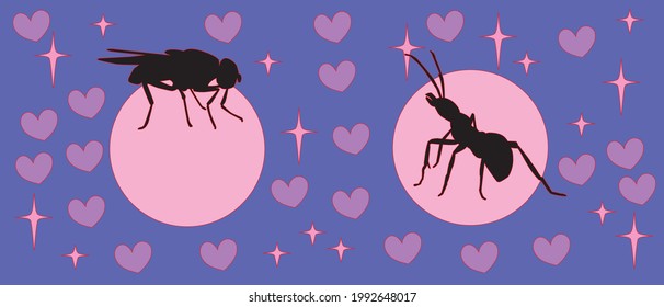 Fly in the full moon sky flat design vector illustration. Ant in a starry night with hearts. 2D cartoon japanese anime style hand drawn drawing. Aesthetic style background texture. Tattoo inspiration.