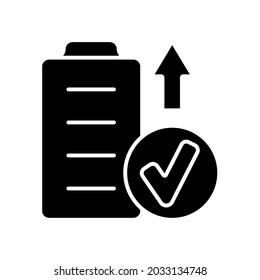 Fly with fully charged battery black glyph manual label icon. Safe drone flight. Maintain maximum output. Silhouette symbol on white space. Vector isolated illustration for product use instructions