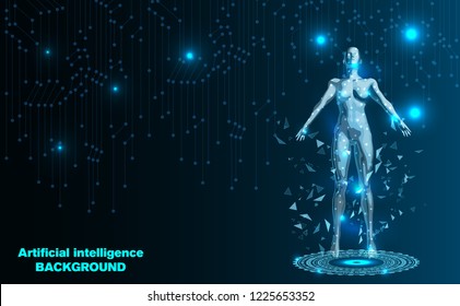 Fly the future of Artificial intelligence woman.Abstract Technology.Futuristic concept.Cyber technology wire network futuristic wire frame.space.design.Vector illustration.