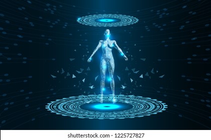 Fly the future of Artificial intelligence woman.Abstract Technology.Futuristic concept.Cyber technology wire network futuristic wire frame.space.design.Vector illustration.