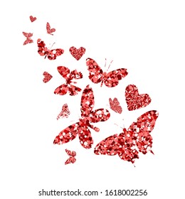 Fly glittering red butterflies and hearts. Beautiful red silhouettes on white background. For Valentines day, wedding invitations, cards, branding, label, banner, concept design. Vector illustration.