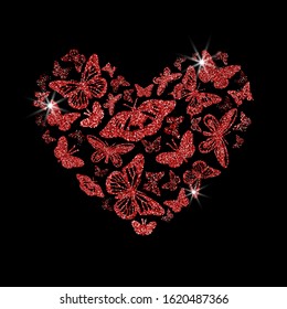Fly glittering red butterflies and hearts. Beautiful red silhouettes on black background. For Valentines day, wedding invitations, cards, branding, label, banner, concept design. Vector illustration.