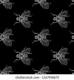 Fly grey on black vector seamless pattern for fabric, wrapping, craft, cards, branding, textile
