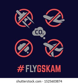 Icono de color gskam en modo oscuro, con flygskam o vergüenza de volar, contaminación de CO2, decrecimiento de símbolos de aviación.