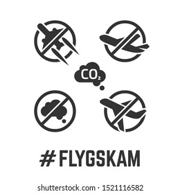 Fly gskam icon with flygskam or shame of flying, CO2 pollution, degrowth of aviation symbols.