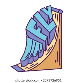 Fly. Hand drawn vector lettering wood ramp and word fly with wings 