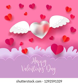 Fly hearts in the sky with clouds. Paper art cut out digital craft style. Vector illustration. Angel wings and calligraphy greetings Happy Valentines Day