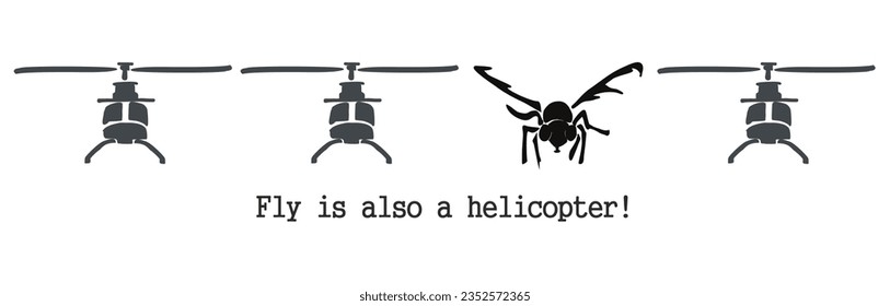 And the fly is also a helicopter! A stylized image of a flying fly with a helicopter shadow. Aphorism illustration