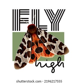 Fly high. Slogan and design for t shirt with orange tiger butterfly. Vector colorful hand drawn illustration.