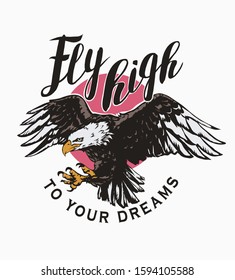 fly high slogan with eagle flying on the sun background illustration