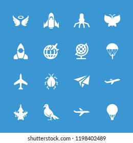 Fly icon. collection of 16 fly filled icons such as plane, globe, wings, parachute, rocket, dove, paper airplane, ladybug, hang glider. editable fly icons for web and mobile.