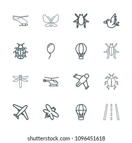 Fly icon. collection of 16 fly outline icons such as helicopter, beetle, air balloon, plane, bee, ladybug, hang glider, love bird. editable fly icons for web and mobile.