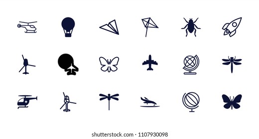 Fly icon. collection of 18 fly filled and outline icons such as dragonfly, beetle, butterfly, plane, air balloon, medical helicopter. editable fly icons for web and mobile.