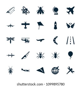 Fly icon. collection of 25 fly filled icons such as plane, beetle, kite, wings, fishing rod, bee, helicopter, paper plane, rocket. editable fly icons for web and mobile.