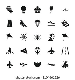 Fly icon. collection of 25 fly filled icons such as runway, plane landing, plane, helicopter, beetle, kite, air balloon, bee, balloon. editable fly icons for web and mobile.