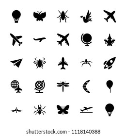 Fly icon. collection of 25 fly filled icons such as plane taking off, plane, dragonfly, beetle, butterfly, baloon, globe, rocket. editable fly icons for web and mobile.