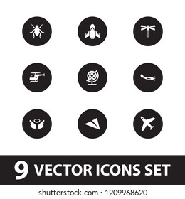 Fly icon. collection of 9 fly filled icons such as beetle, globe, medical helicopter, paper plane, helicopter, wings, plane. editable fly icons for web and mobile.