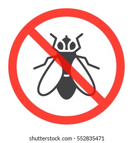 Fly icon in prohibition red circle, No insects ban sign, forbidden symbol. Vector illustration isolated on white