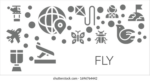 Fliege Icon-Set. 11 gefüllte Fliegensymbole.  Einfache, moderne Symbole wie: Hubschrauber, Welt, Flugzeug, Schmetterling, Sauerstoffmaske, Käfer, Kite, Ankunft, Stewardess, Taube, Erde