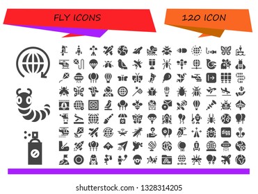 fly icon set. 120 filled fly icons.  Simple modern icons about  - World, Insecticide, Caterpillar, Parrot, Rocket, Spaceship, Plane, Earth, Aeroplane, Pelican, Bumblebee, Missile