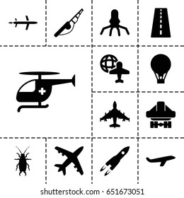 Fly icon. set of 13 filled flyicons such as beetle, runway, plane, globe and plane, cargo plane back view, medical helicopter, air balloon, rocket