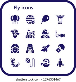  fly icon set. 16 filled fly icons. Simple modern icons about  - Balloons, World, Balloon, Drone, Hot air balloon, Rocket, Stewardess, Fishing, Aeroplane, Parachute, Caterpillar