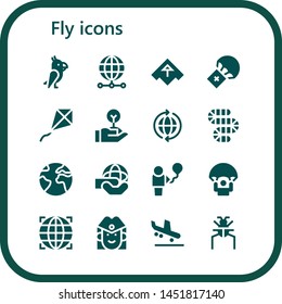fly icon set. 16 filled fly icons.  Simple modern icons about  - Parrot, World, Airplane, Parachute, Kite, Freedom, Worm, Earth, Balloon, Globe, Stewardess, Arrival, Parasite