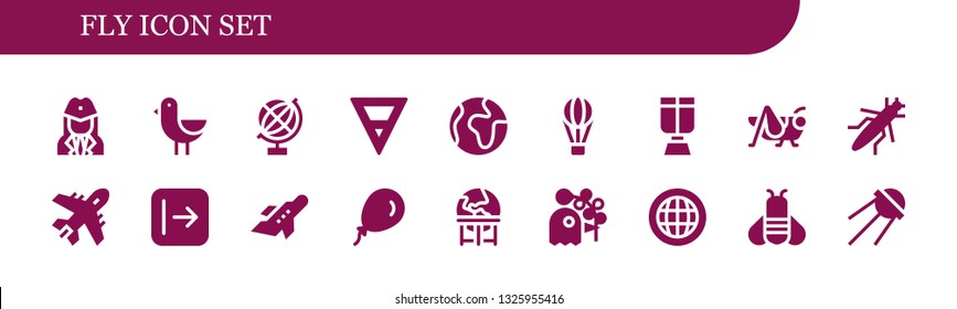 fly icon set. 18 filled fly icons.  Simple modern icons about  - Stewardess, Bird, Globe, Earth, World, Hot air balloon, Oxygen mask, Grasshopper, Plane, Send, Aeroplane, Balloon