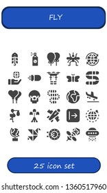 fly icon set. 25 filled fly icons.  Collection Of - Bait, Insecticide, Balloons, Mosquito, World, Globe, Missile, Drone, Moth, Worm, Parachute, Arrival, Stork, Spaceship, Plane
