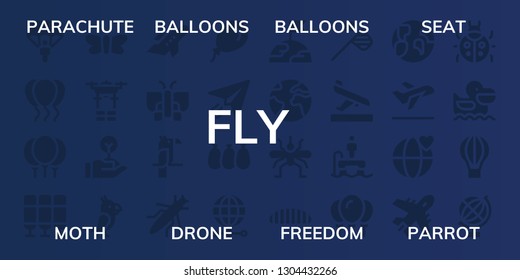 fly icon set. 32 filled fly icons. on blue background style Collection Of - Parachute, Balloons, Seat, Moth, Drone, Freedom, Parrot, Aeroplane, Butterfly, Grasshopper, Balloon