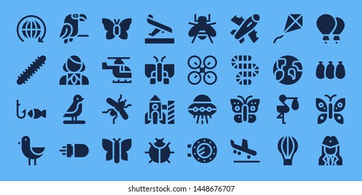 fly icon set. 32 filled fly icons. on blue background style Simple modern icons about  - World, Centipede, Fishing, Bird, Parrot, Stewardess, Missile, Butterfly, Helicopter, Mosquito