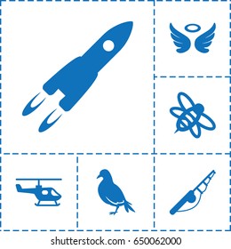 Fly icon. set of 6 fly filled icons such as dove, wings, bee, rocket, helicopter