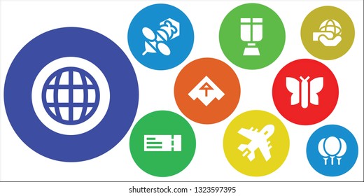 fly icon set. 9 filled fly icons.  Collection Of - Globe, Bee, Oxygen mask, Plane ticket, Plane, Airplane, Butterfly, World, Balloons