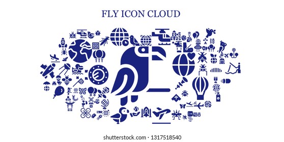 fly icon set. 93 filled fly icons.  Simple modern icons about  - Parrot, Bird, Helicopter, World, Globe, Spaceship, Take off, Earth, Arrival, Dove, Ladybug, Helipad, Balloons