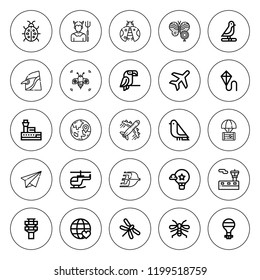 Fly icon set. collection of 25 outline fly icons with bee, bird, butterfly, control tower, dragonfly, devil, globe, hot air balloon, helicopter, kite icons. editable icons.