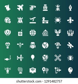 fly icon set. Collection of 36 filled fly icons included Balloon, Fishing, Balloons, World, Globe, Beetle, Drone, Earth, Airplane, Dragonfly, Hot air balloon, Pilot, Bee, Parachute