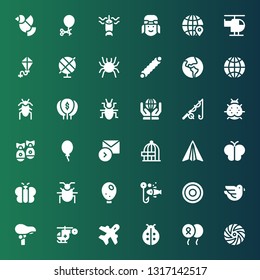 fly icon set. Collection of 36 filled fly icons included Frisbee, Balloon, Ladybird, Aviation, Helicopter, Seat, Dove, Fishing, Beetle, Butterfly, Paper plane, Freedom, Sending