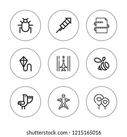 Fly icon set. collection of 9 outline fly icons with heart balloon, kite, pelican, parasite, runway, rocket, swarm, worm icons. editable icons.