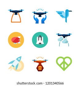 fly icon set. vector set about zeppelin, peace, rocket and drone icons set.