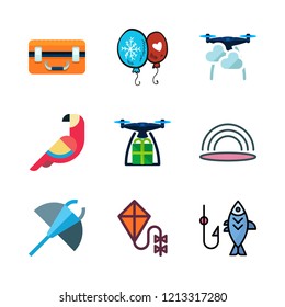 fly icon set. vector set about drone, manta ray, fishing and rainbow icons set.
