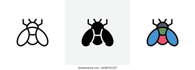 Ícones de mosca retratam linhas simples, preto sólido e versões coloridas, cada uma ilustrando distintamente a forma do inseto com asas e antena em branco.