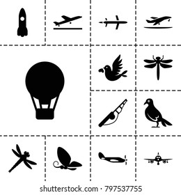 Fly icons. set of 13 editable filled fly icons such as plane taking off, plane, dragonfly, fishing rod, air balloon, rocket, love bird, helicopter, dove