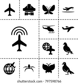 Fly icons. set of 13 editable filled fly icons such as plane, dove, globe and plane, butterfly, helicopter