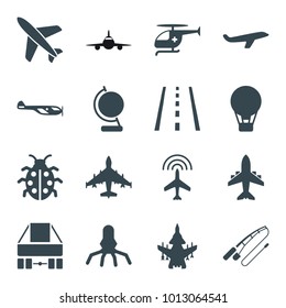 Fly icons. set of 16 editable filled fly icons such as plane, helicopter, air balloon, ladybug, rocket, medical helicopter, runway, globe, fishing rod