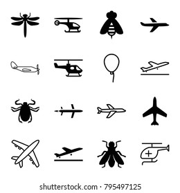 Fly icons. set of 16 editable filled and outline fly icons such as plane, plane taking off, dragonfly, beetle, fly, helicopter, baloon, medical helicopter