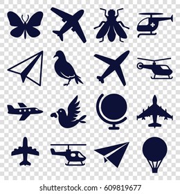 Fly icons set. set of 16 fly filled icons such as dove, butterfly, fly, helicopter, paper airplane, plane, love bird, medical helicopter, air balloon, paper plane