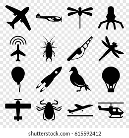 Fly icons set. set of 16 fly filled icons such as dove, beetle, plane, plane taking off, helicopter, baloon, air balloon, dragonfly, rocket