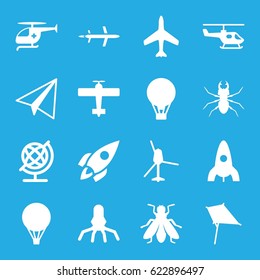 Fly icons set. set of 16 fly filled icons such as beetle, fly, plane, rocket, paper airplane, kite, globe, medical helicopter, air balloon
