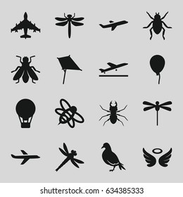 Fly icons set. set of 16 fly filled icons such as dragonfly, dove, beetle, fly, plane taking off, baloon, kite, wings, bee, plane